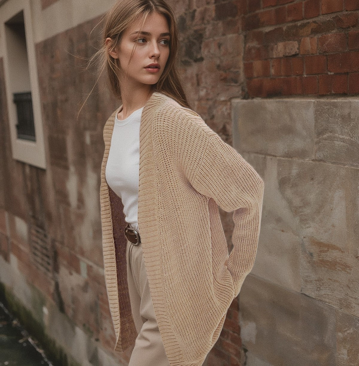 Side view of the Brio Beige knit sweater worn by a model.