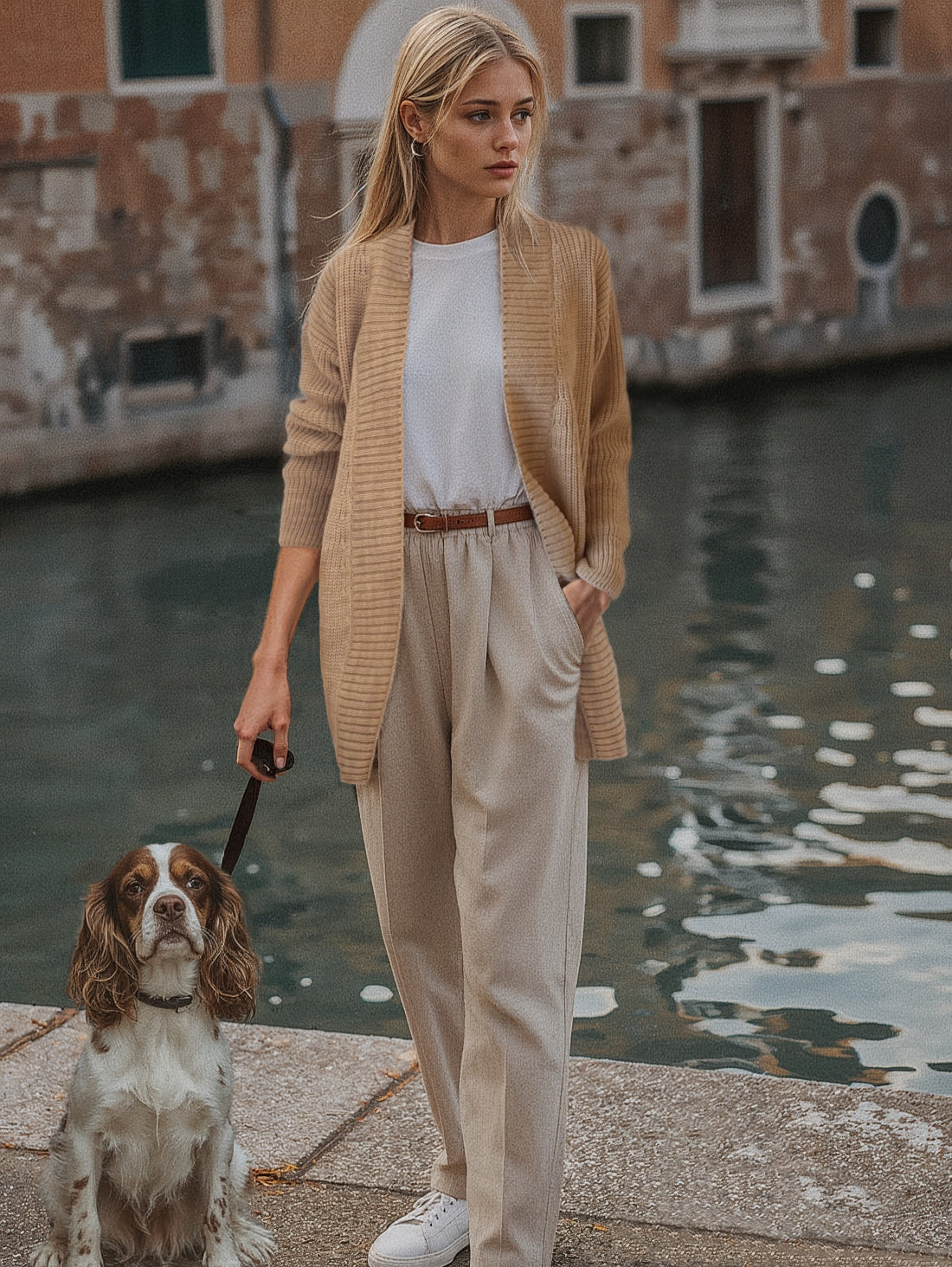 Front view of the Brio Beige knit sweater.